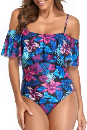 Women's Off Shoulder One Piece Swimsuit High Waist Belly Control Swimsuit Printed Sling Sexy Ruffle Swimwear