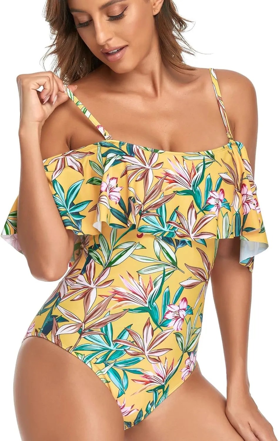 Women's Off Shoulder One Piece Swimsuit High Waist Belly Control Swimsuit Printed Sling Sexy Ruffle Swimwear