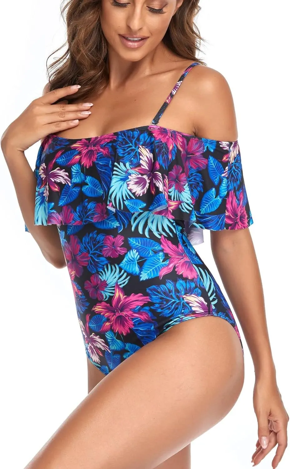 Women's Off Shoulder One Piece Swimsuit High Waist Belly Control Swimsuit Printed Sling Sexy Ruffle Swimwear