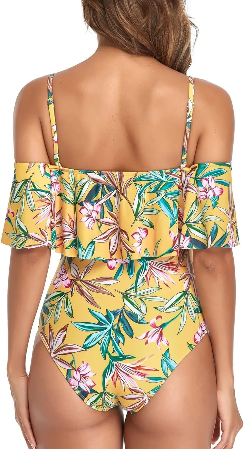 Women's Off Shoulder One Piece Swimsuit High Waist Belly Control Swimsuit Printed Sling Sexy Ruffle Swimwear