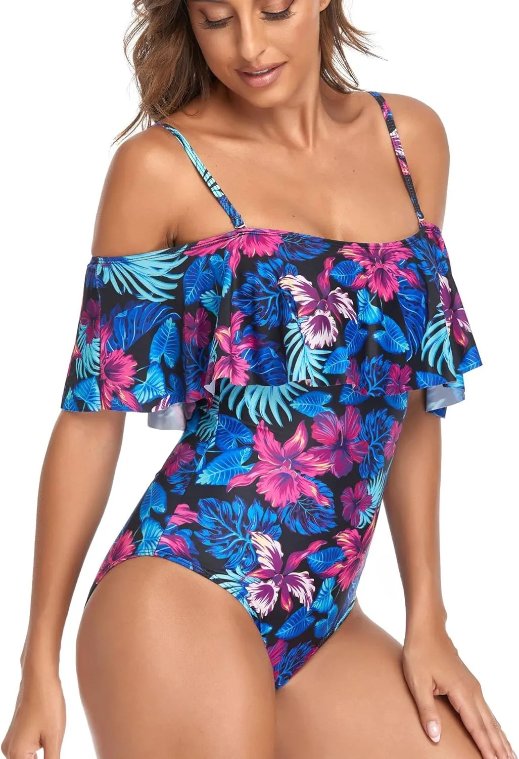 Women's Off Shoulder One Piece Swimsuit High Waist Belly Control Swimsuit Printed Sling Sexy Ruffle Swimwear