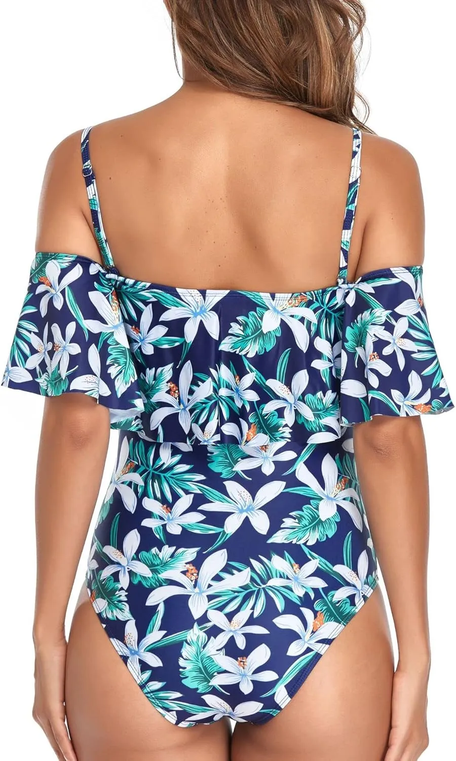 Women's Off Shoulder One Piece Swimsuit High Waist Belly Control Swimsuit Printed Sling Sexy Ruffle Swimwear