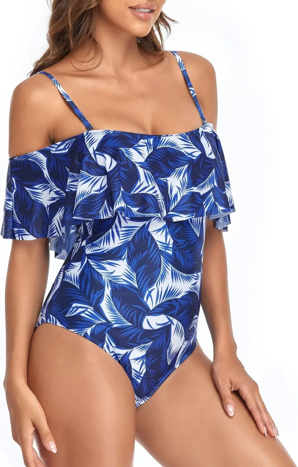 Women's Off Shoulder One Piece Swimsuit High Waist Belly Control Swimsuit Printed Sling Sexy Ruffle Swimwear
