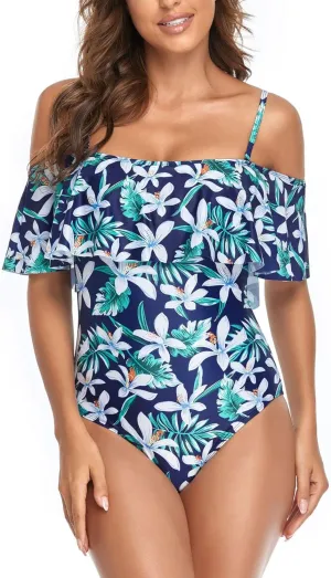 Women's Off Shoulder One Piece Swimsuit High Waist Belly Control Swimsuit Printed Sling Sexy Ruffle Swimwear