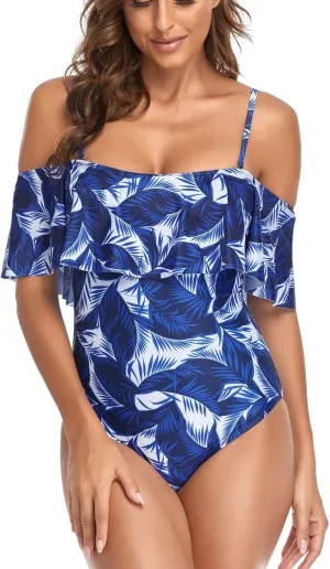 Women's Off Shoulder One Piece Swimsuit High Waist Belly Control Swimsuit Printed Sling Sexy Ruffle Swimwear