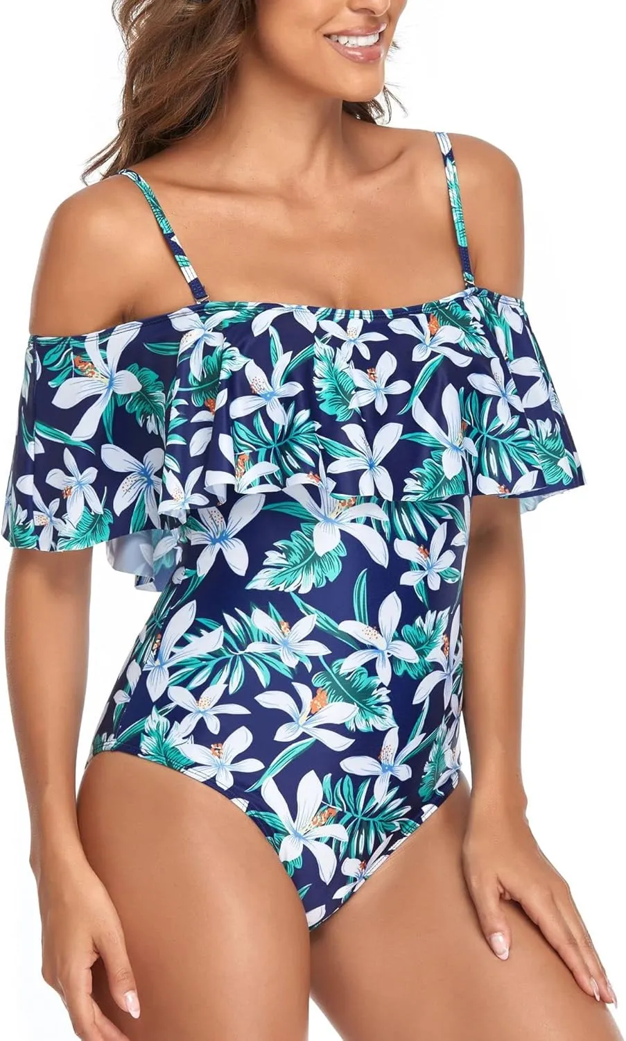 Women's Off Shoulder One Piece Swimsuit High Waist Belly Control Swimsuit Printed Sling Sexy Ruffle Swimwear