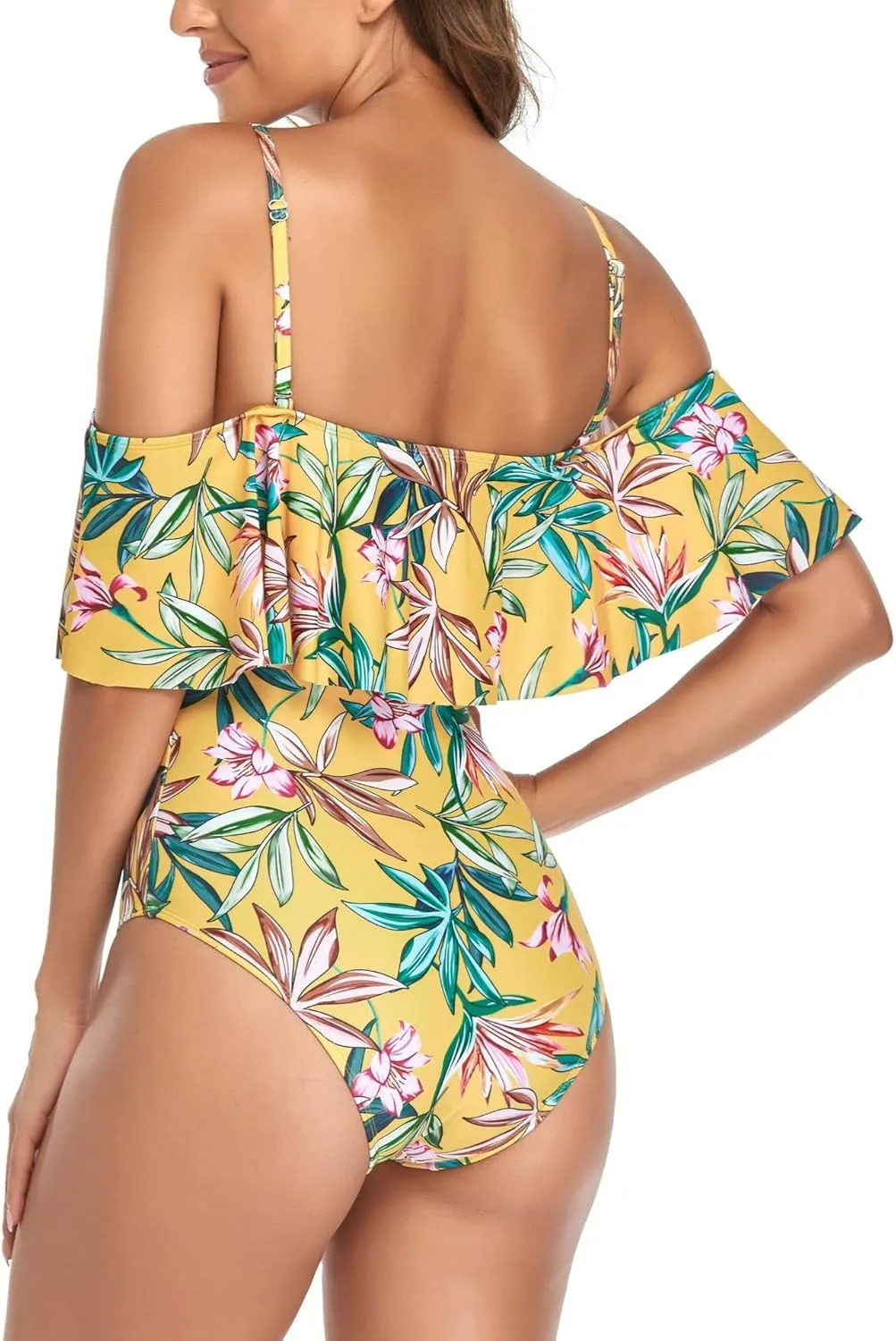 Women's Off Shoulder One Piece Swimsuit High Waist Belly Control Swimsuit Printed Sling Sexy Ruffle Swimwear