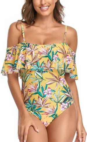Women's Off Shoulder One Piece Swimsuit High Waist Belly Control Swimsuit Printed Sling Sexy Ruffle Swimwear
