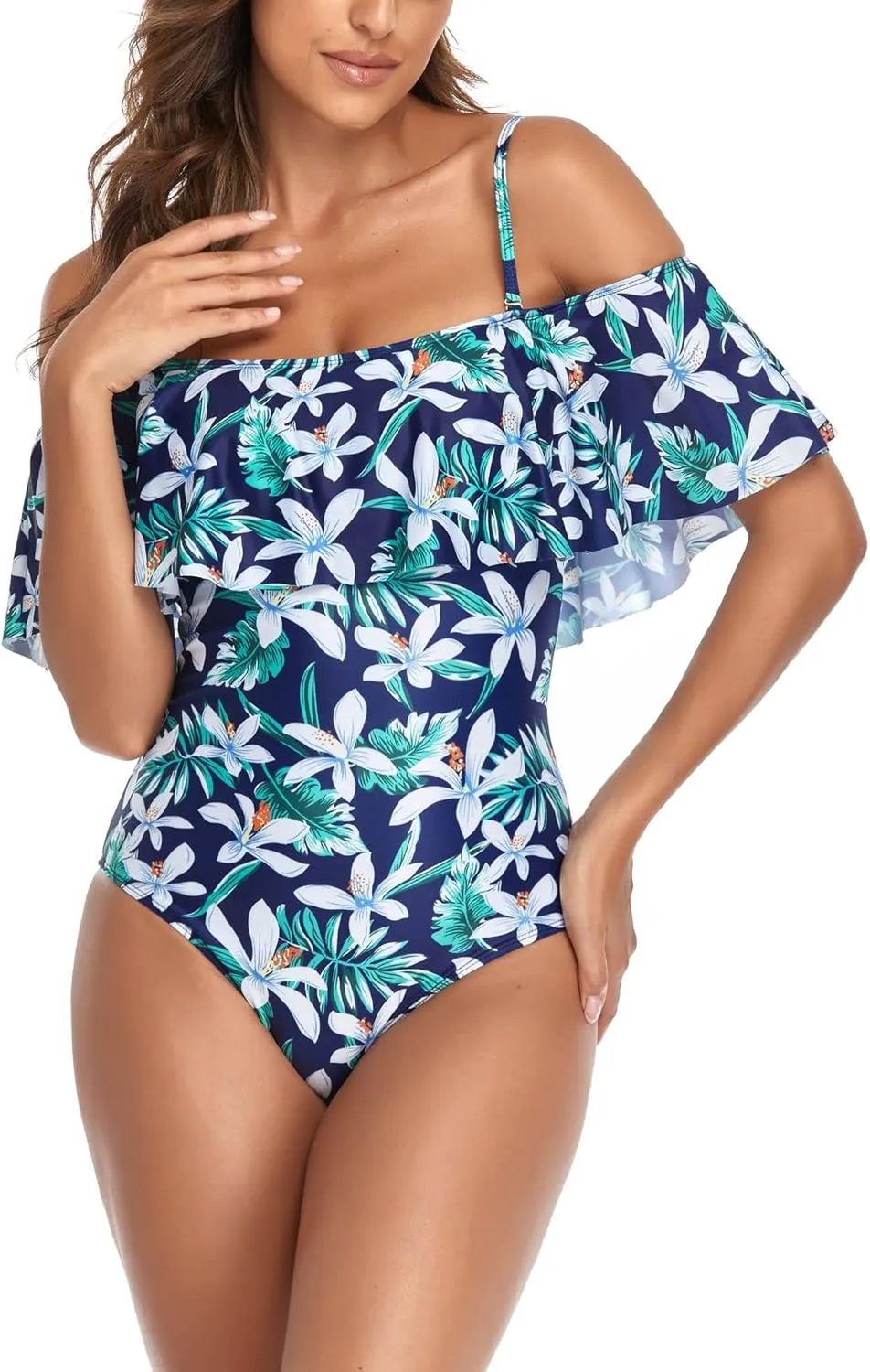 Women's Off Shoulder One Piece Swimsuit High Waist Belly Control Swimsuit Printed Sling Sexy Ruffle Swimwear