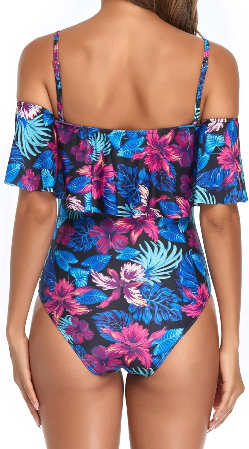 Women's Off Shoulder One Piece Swimsuit High Waist Belly Control Swimsuit Printed Sling Sexy Ruffle Swimwear