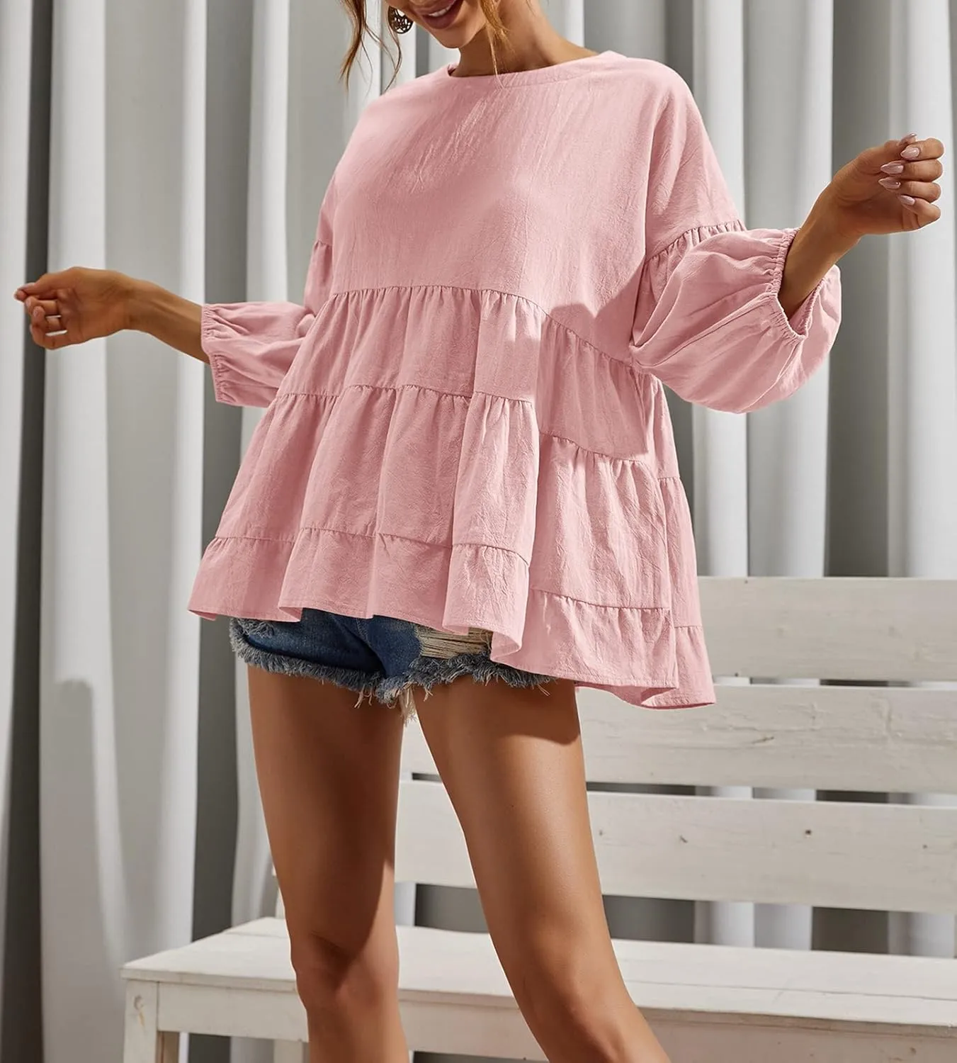 Women's Peplum Tops 3/4 Lantern Sleeve Crewneck Loose Babydoll Shirt Blouse