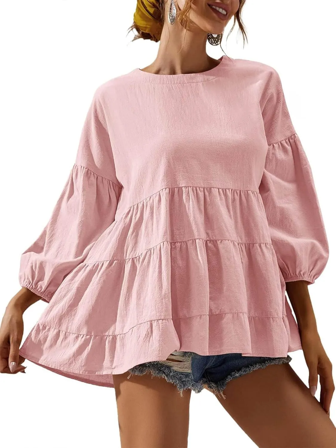Women's Peplum Tops 3/4 Lantern Sleeve Crewneck Loose Babydoll Shirt Blouse
