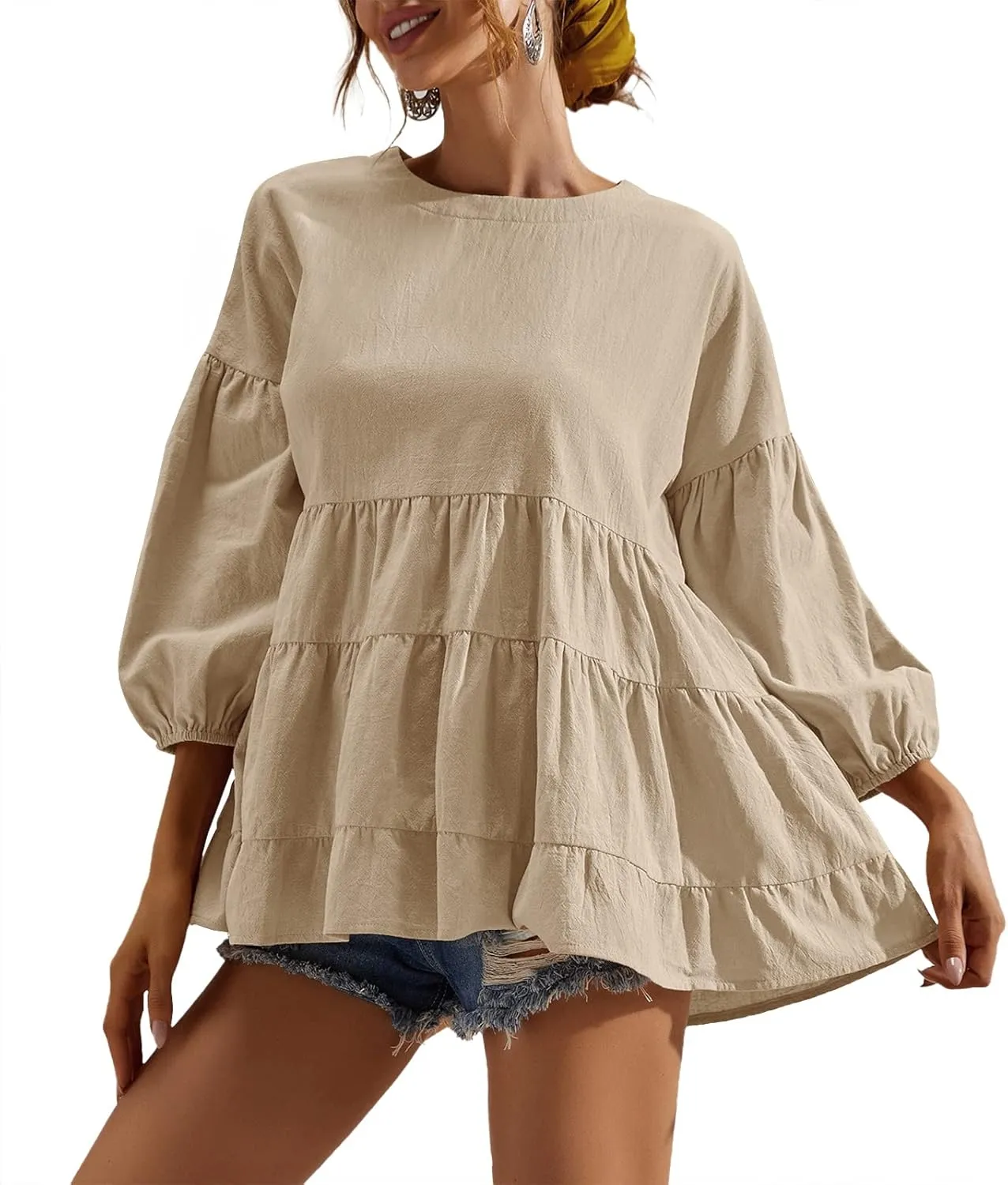 Women's Peplum Tops 3/4 Lantern Sleeve Crewneck Loose Babydoll Shirt Blouse