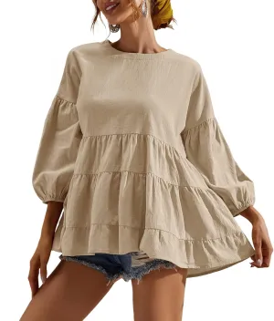 Women's Peplum Tops 3/4 Lantern Sleeve Crewneck Loose Babydoll Shirt Blouse