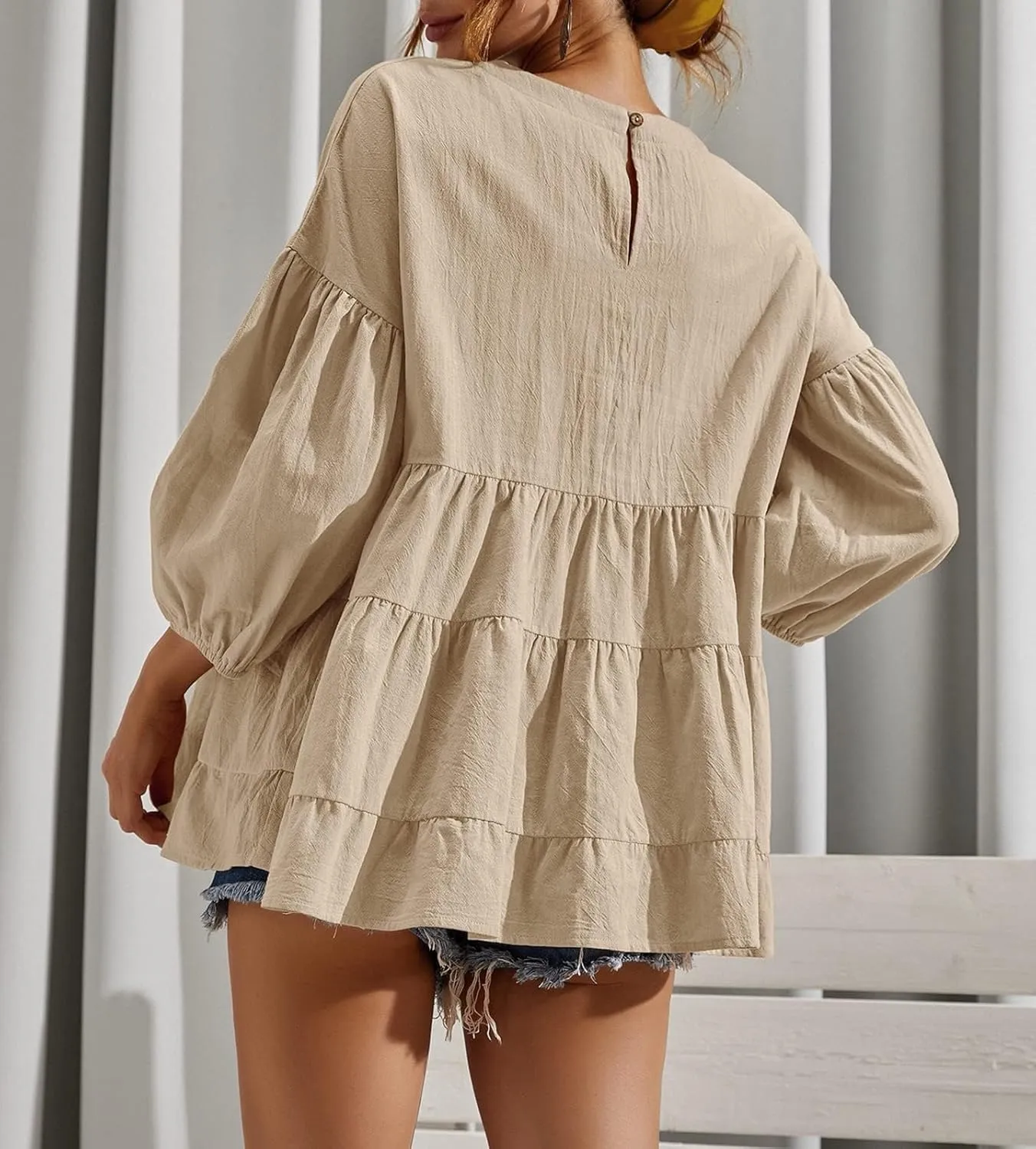 Women's Peplum Tops 3/4 Lantern Sleeve Crewneck Loose Babydoll Shirt Blouse