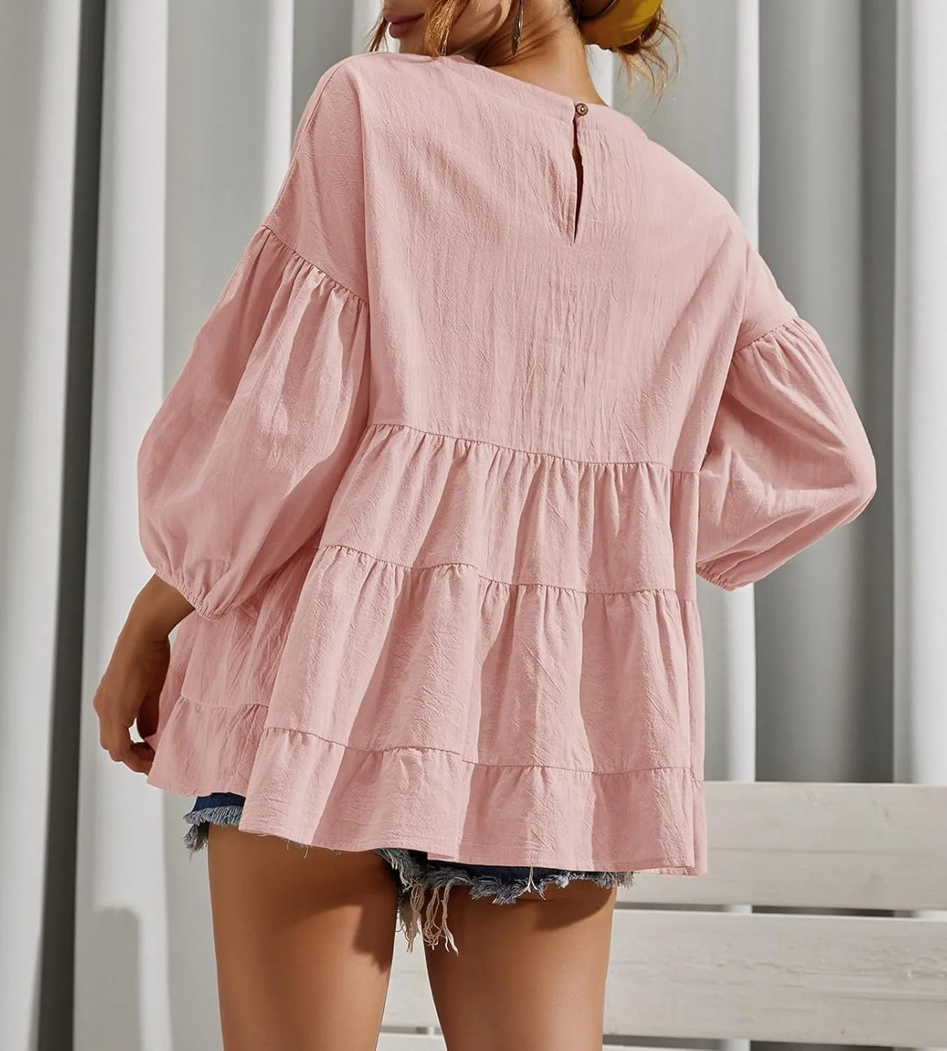 Women's Peplum Tops 3/4 Lantern Sleeve Crewneck Loose Babydoll Shirt Blouse
