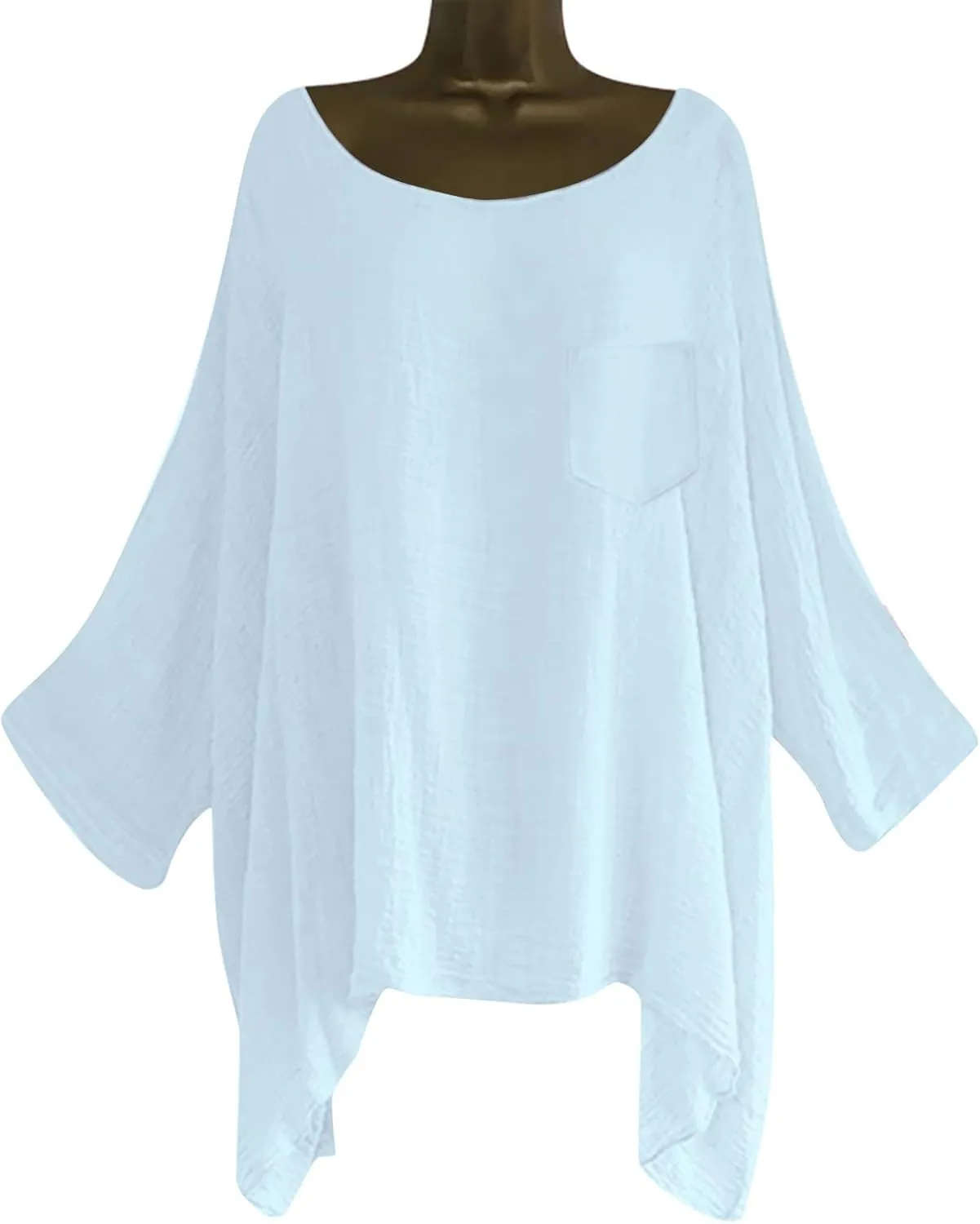 Womens Plus Size Cotton Linen Shirts Elegant 3/4 Sleeve Round Neck Summer Cape Blouses Casual Loose Fit Tunic Tops