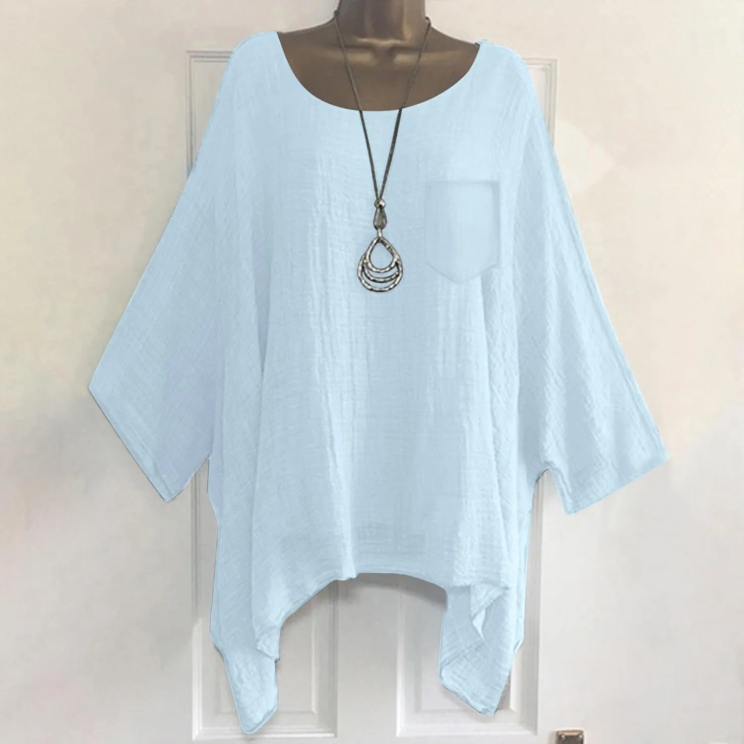 Womens Plus Size Cotton Linen Shirts Elegant 3/4 Sleeve Round Neck Summer Cape Blouses Casual Loose Fit Tunic Tops