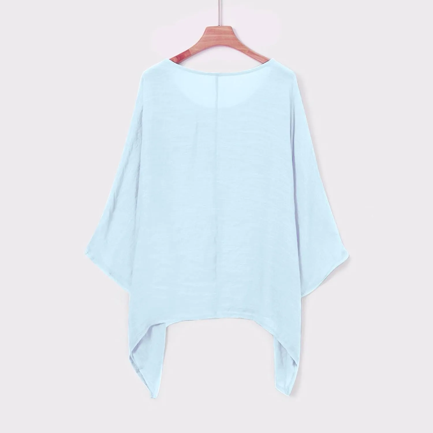 Womens Plus Size Cotton Linen Shirts Elegant 3/4 Sleeve Round Neck Summer Cape Blouses Casual Loose Fit Tunic Tops