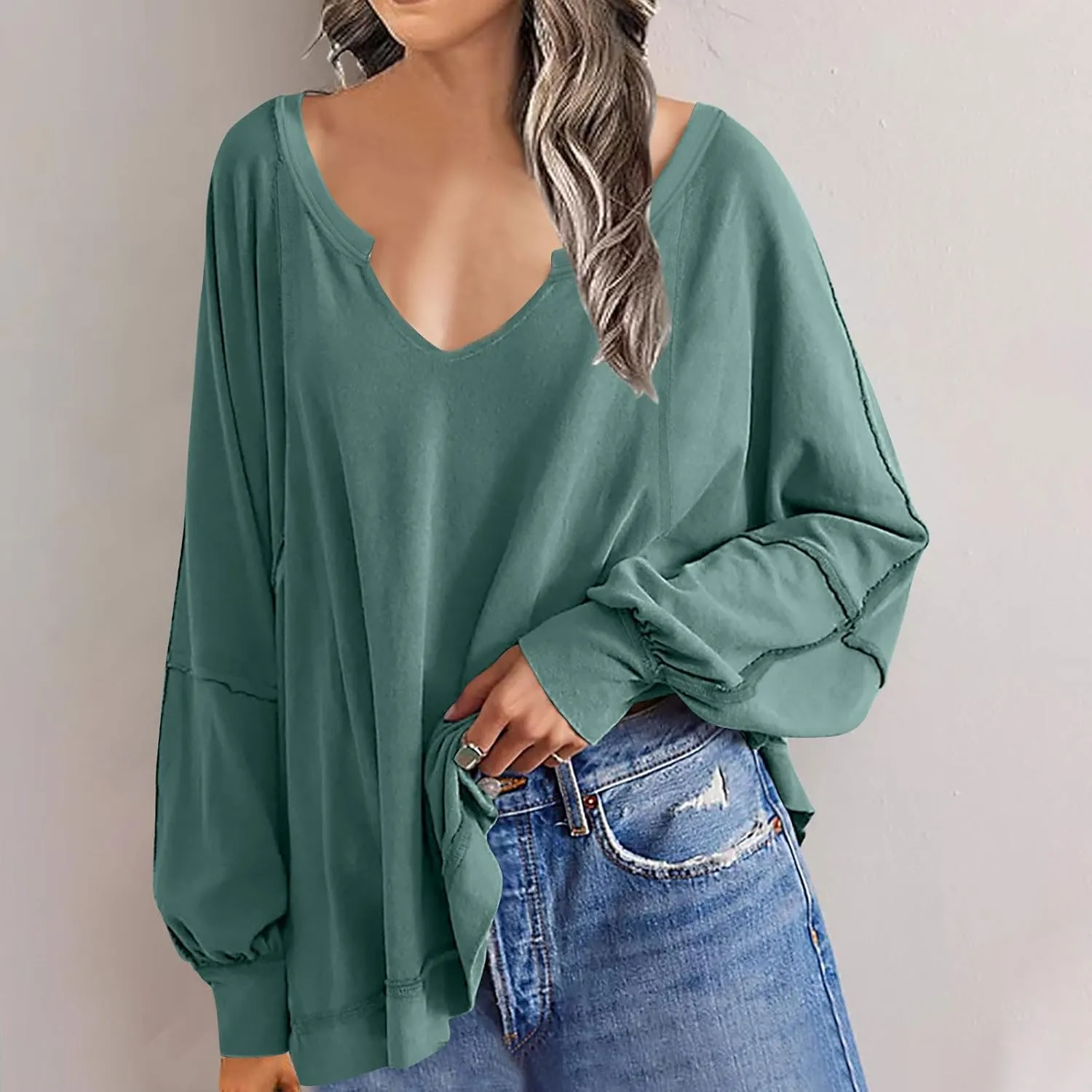 Womens Plus Size Tops Elegant Sexy Long Sleeve V Neck Causal Shirts Fashion Solid Asymmetrical Hem Blouse Spring Tops