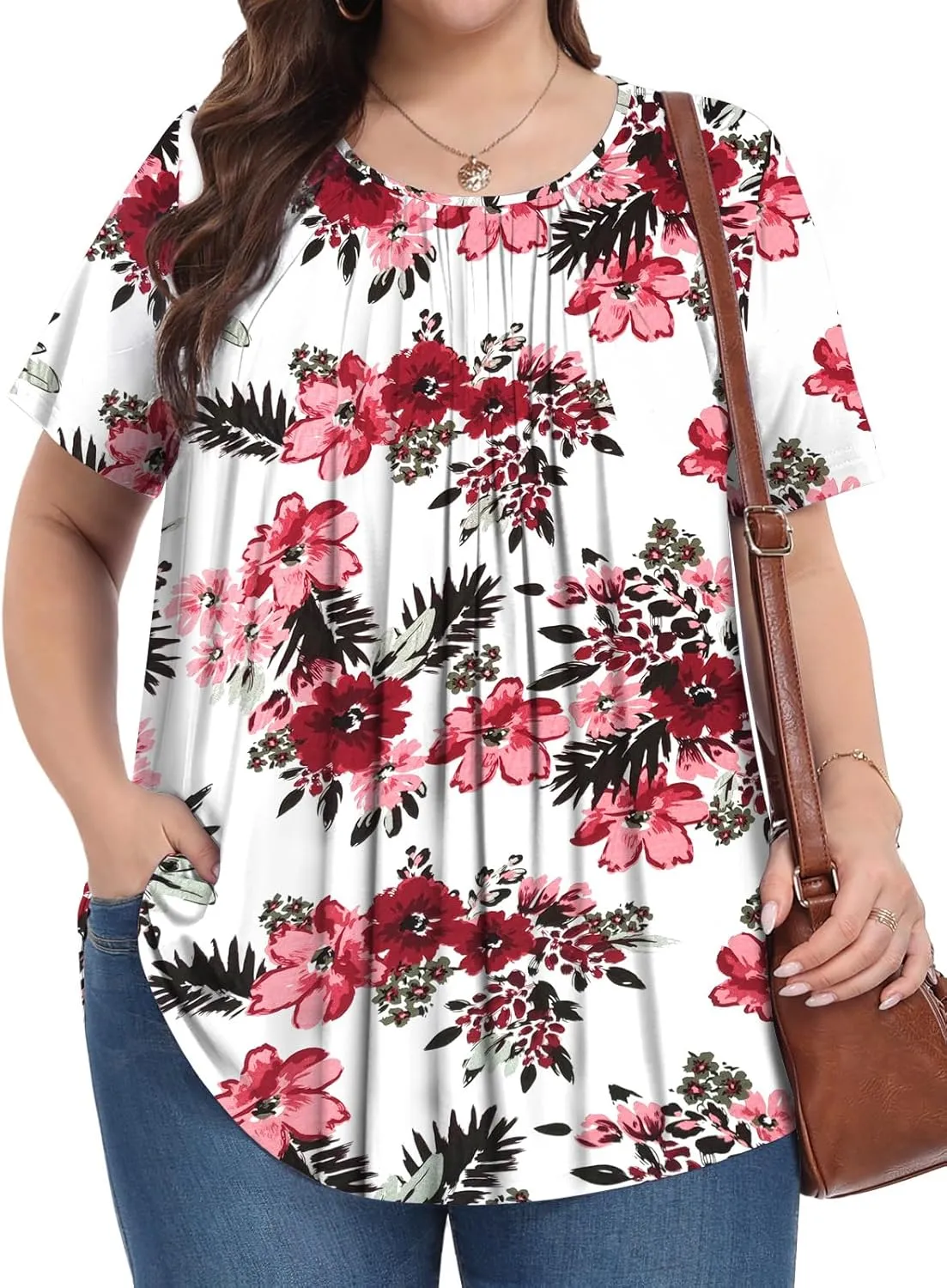 Womens Plus Size Tops Summer Shirts Tunic Short Sleeve Crew Neck Loose Fit Blouse 1X-5X