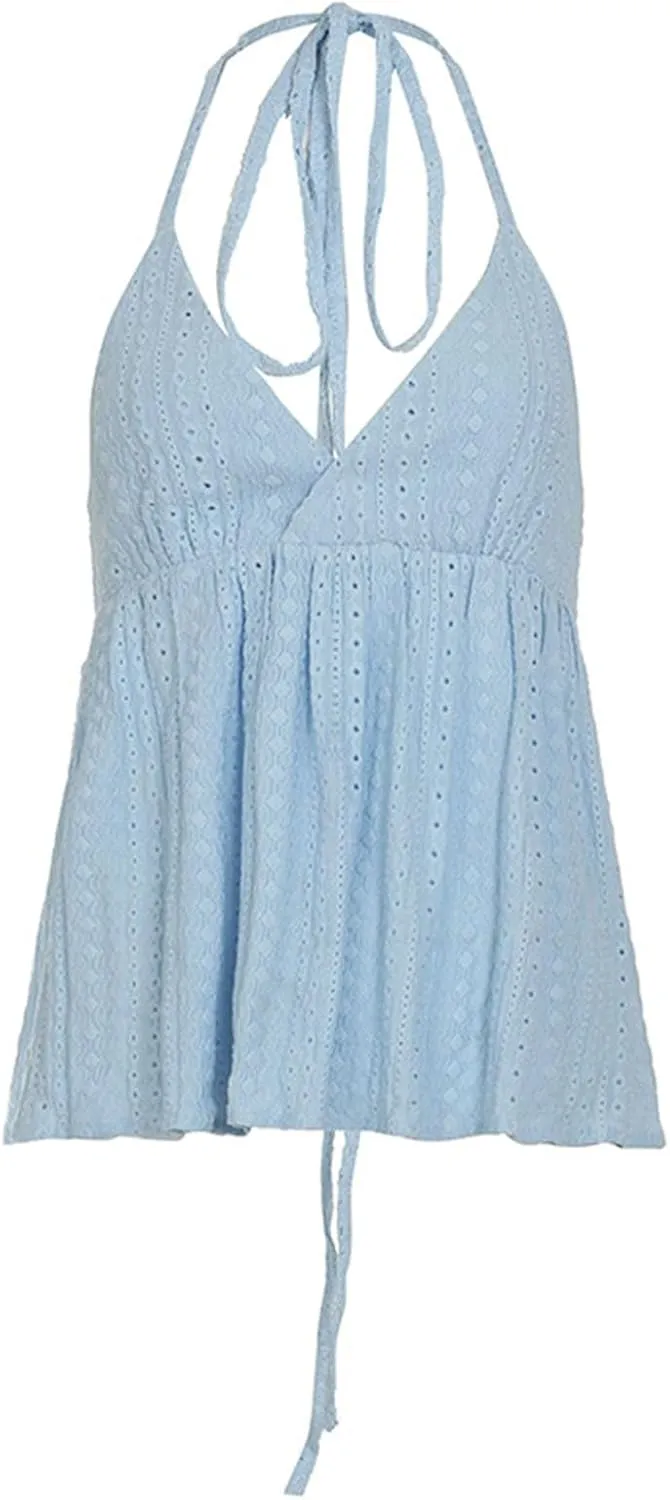 Women's Plus Size V Neck Eyelet Cami Peplum Top Spaghetti Strap Ruffle Boho Tank Top Eyelet Embroidery Loose Fit Flowy Tops
