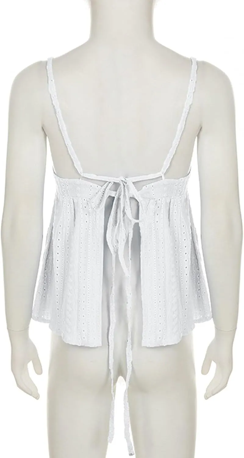 Women's Plus Size V Neck Eyelet Cami Peplum Top Spaghetti Strap Ruffle Boho Tank Top Eyelet Embroidery Loose Fit Flowy Tops