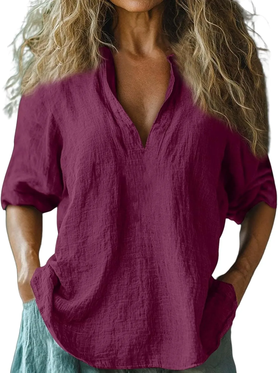 Womens Roll Up Sleeve Linen Shirts Casual Relaxed Fit V Neck Office T Shirts Vacation Stylish Solid Cruise Wear 2025