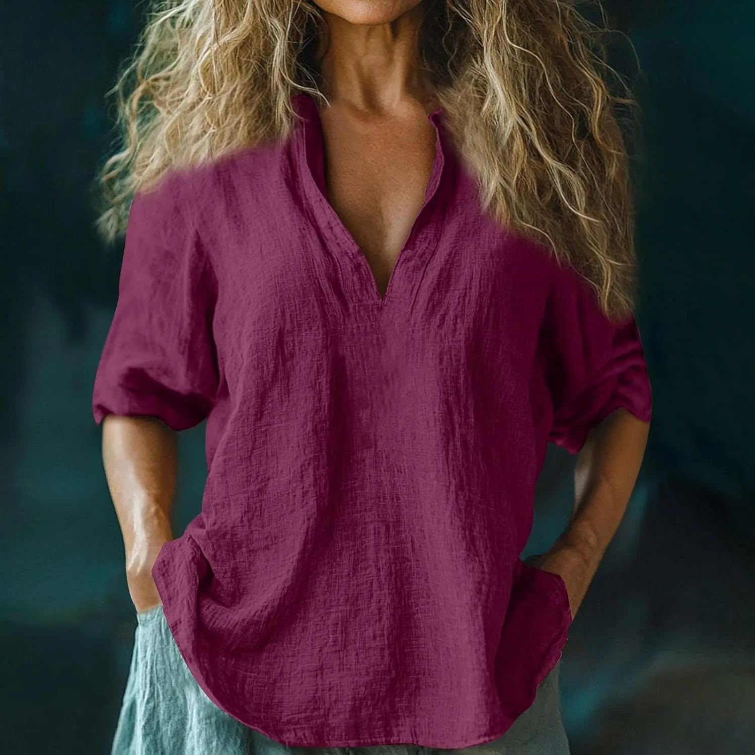 Womens Roll Up Sleeve Linen Shirts Casual Relaxed Fit V Neck Office T Shirts Vacation Stylish Solid Cruise Wear 2025