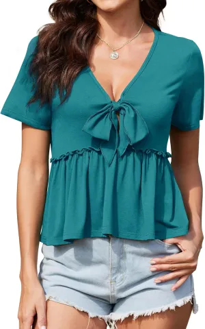 Womens Sexy V Neck Tops Summer Cute Ruffle Shirts Cutout Tie Bow Blouse Short Sleeve Crop Tops