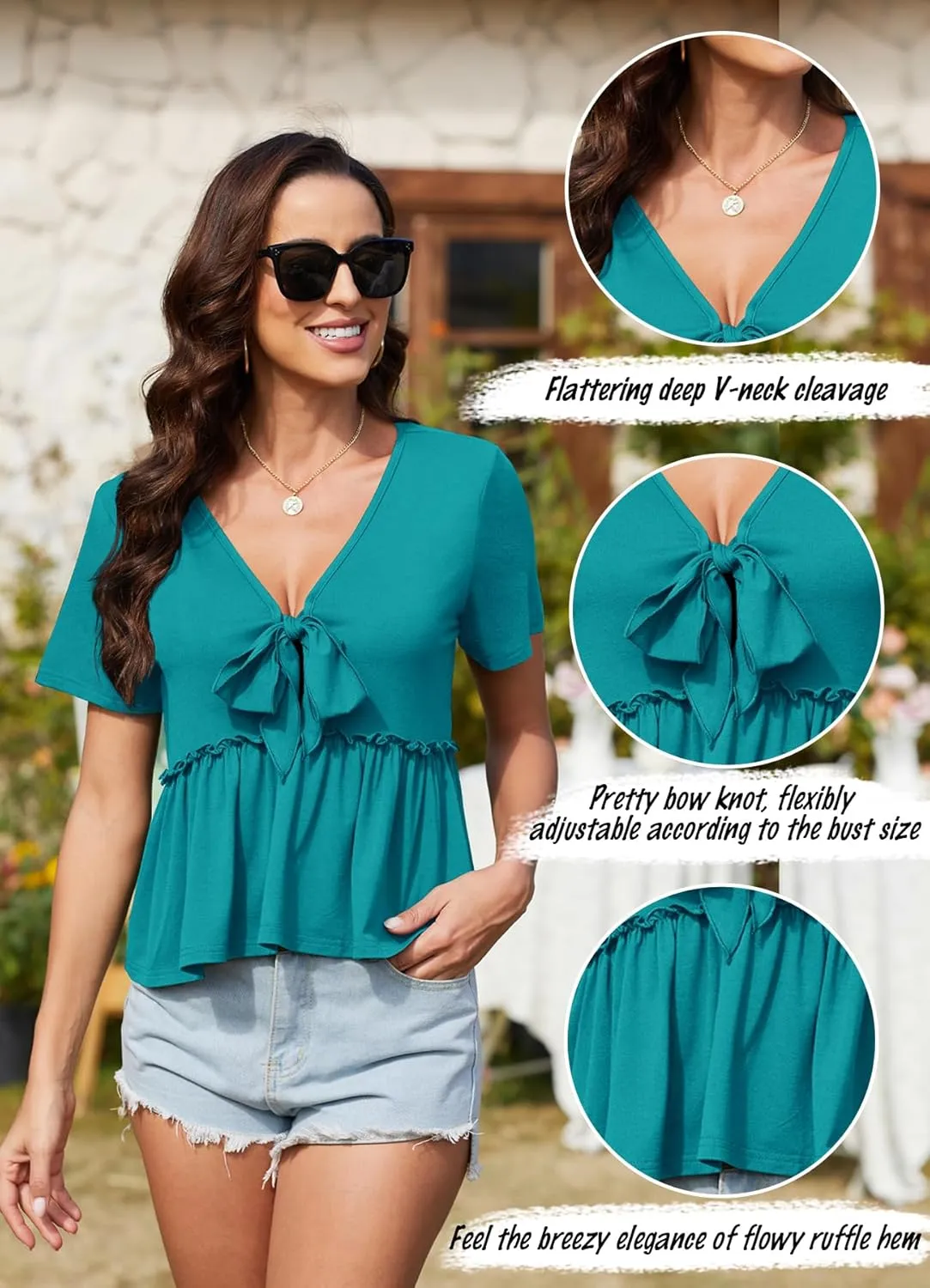 Womens Sexy V Neck Tops Summer Cute Ruffle Shirts Cutout Tie Bow Blouse Short Sleeve Crop Tops