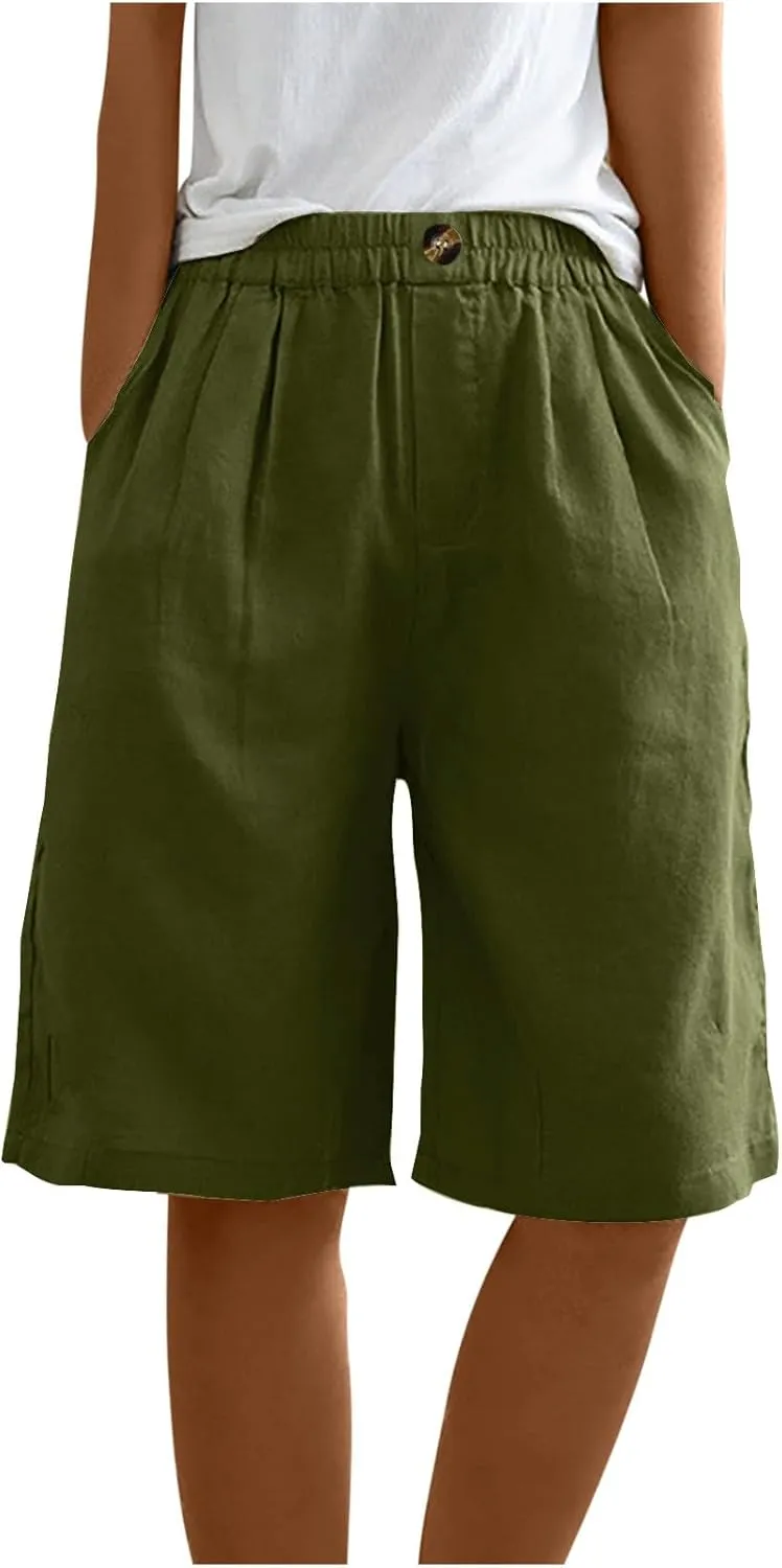 Womens Shorts Casual Loose Summer Beach Knee Length Flared Shorts Trendy Flowy Lounge Cotton Linen Half Shorts with Pockets