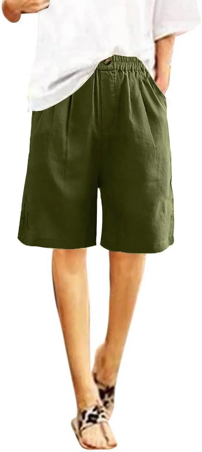 Womens Shorts Casual Loose Summer Beach Knee Length Flared Shorts Trendy Flowy Lounge Cotton Linen Half Shorts with Pockets