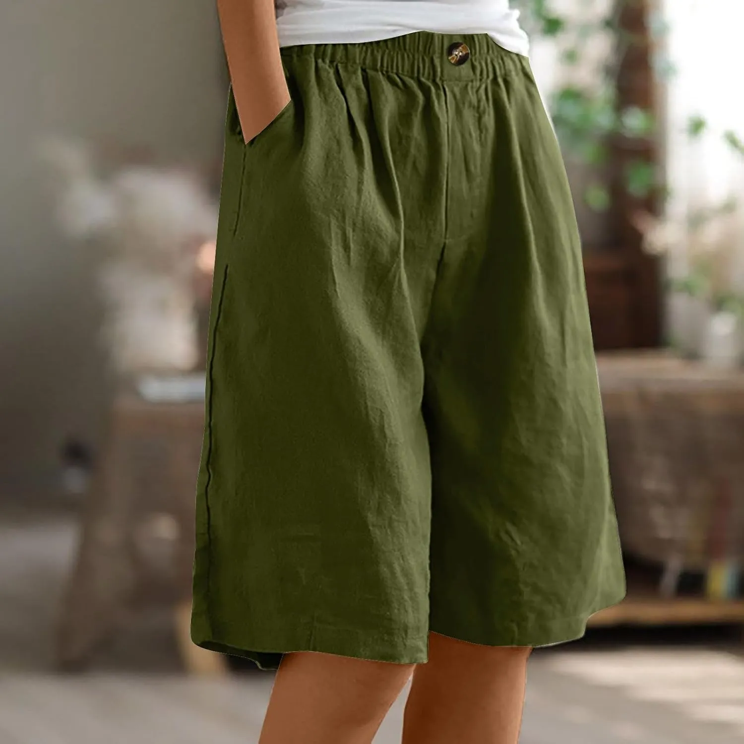 Womens Shorts Casual Loose Summer Beach Knee Length Flared Shorts Trendy Flowy Lounge Cotton Linen Half Shorts with Pockets