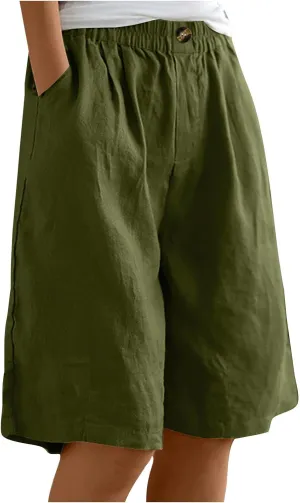 Womens Shorts Casual Loose Summer Beach Knee Length Flared Shorts Trendy Flowy Lounge Cotton Linen Half Shorts with Pockets