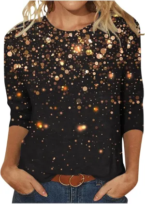 Womens Sparkly Tops and Blouses 3/4 Sleeve Loose Fit Sequin Shirts Casual Crewneck Tees Trendy Outfits Clothing 2024