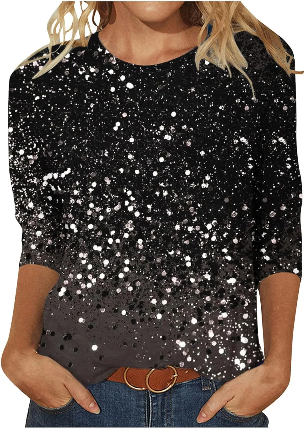 Womens Sparkly Tops and Blouses 3/4 Sleeve Loose Fit Sequin Shirts Casual Crewneck Tees Trendy Outfits Clothing 2024