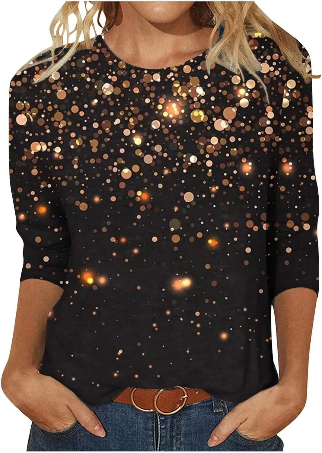 Womens Sparkly Tops and Blouses 3/4 Sleeve Loose Fit Sequin Shirts Casual Crewneck Tees Trendy Outfits Clothing 2024