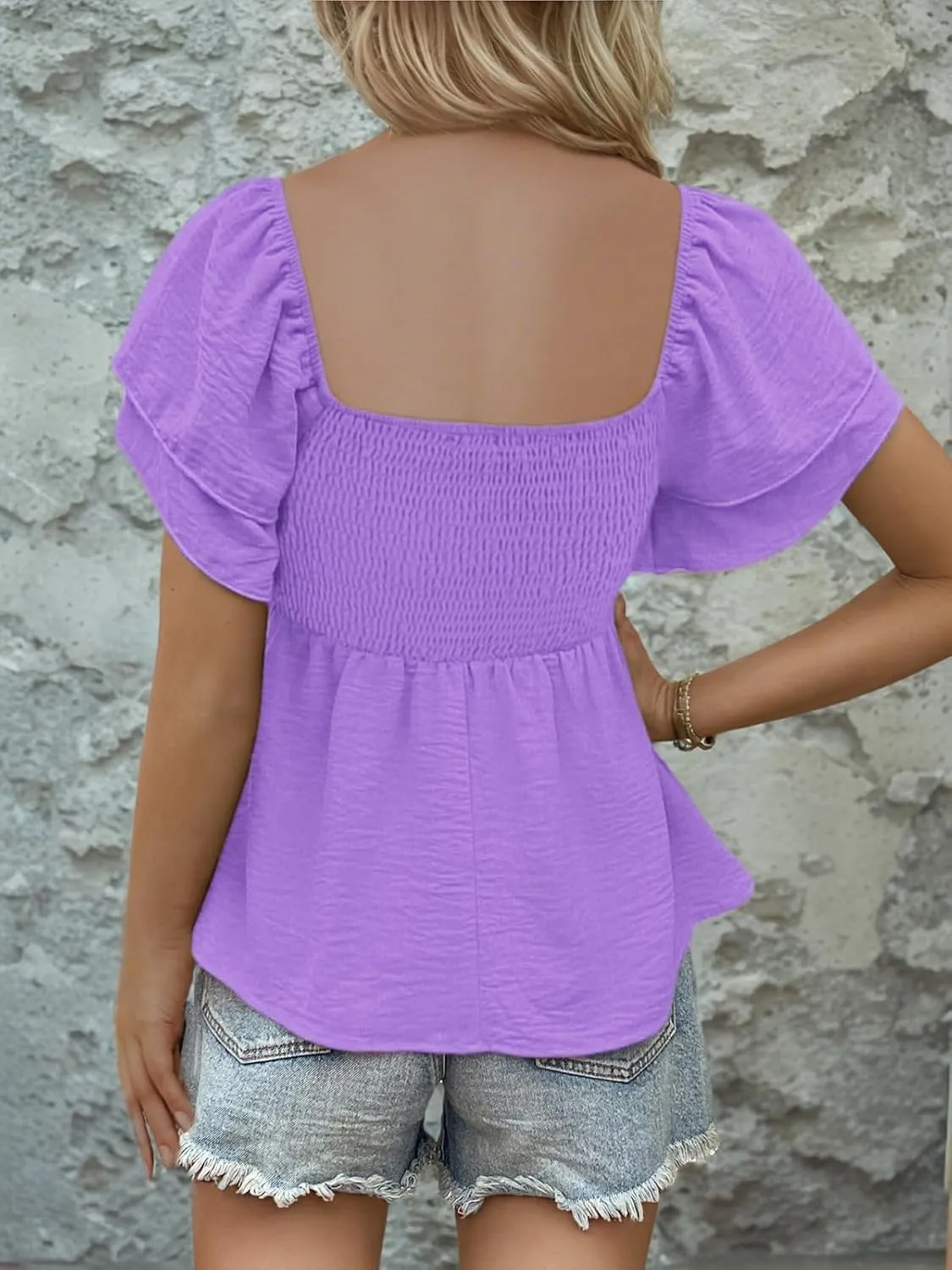 Womens Square Neck Ruffle Short Sleeve Peplum Tops Cute Smocked Babydoll Summer Blouses