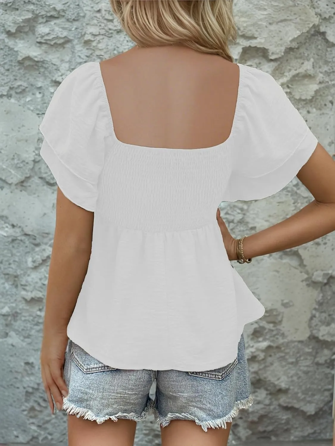 Womens Square Neck Ruffle Short Sleeve Peplum Tops Cute Smocked Babydoll Summer Blouses