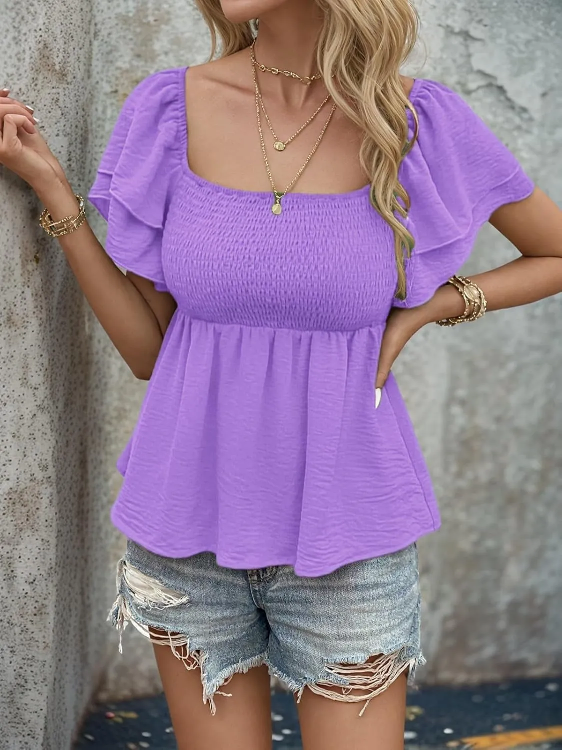 Womens Square Neck Ruffle Short Sleeve Peplum Tops Cute Smocked Babydoll Summer Blouses