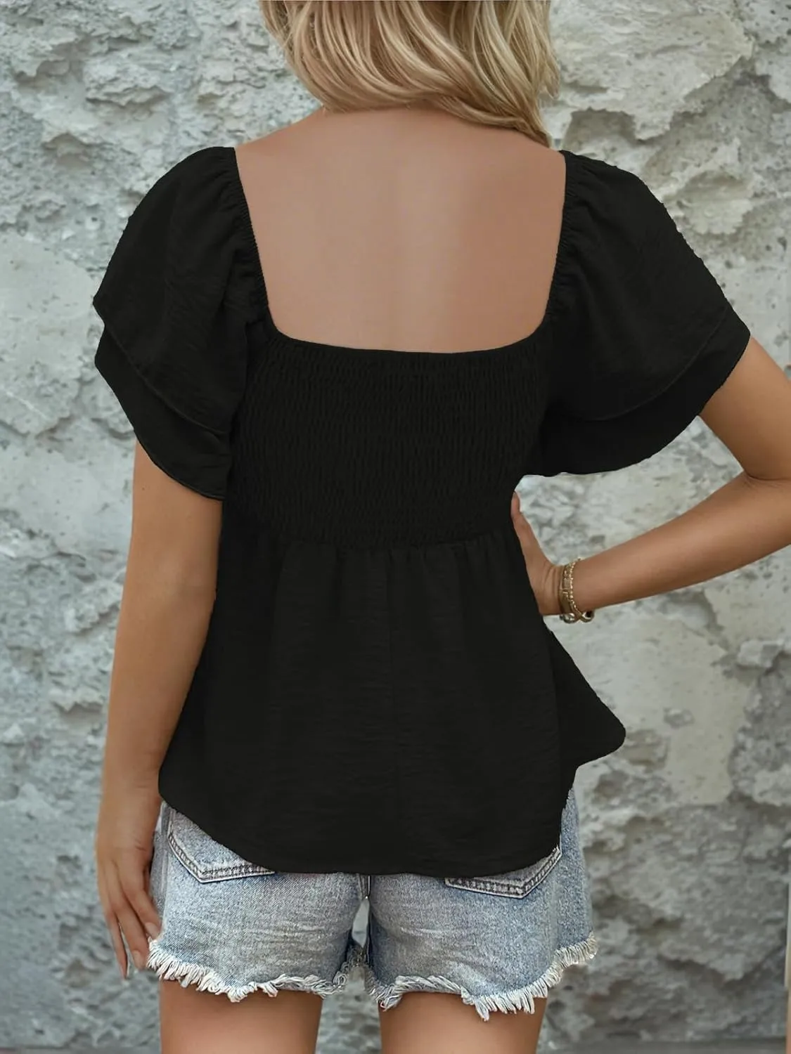 Womens Square Neck Ruffle Short Sleeve Peplum Tops Cute Smocked Babydoll Summer Blouses