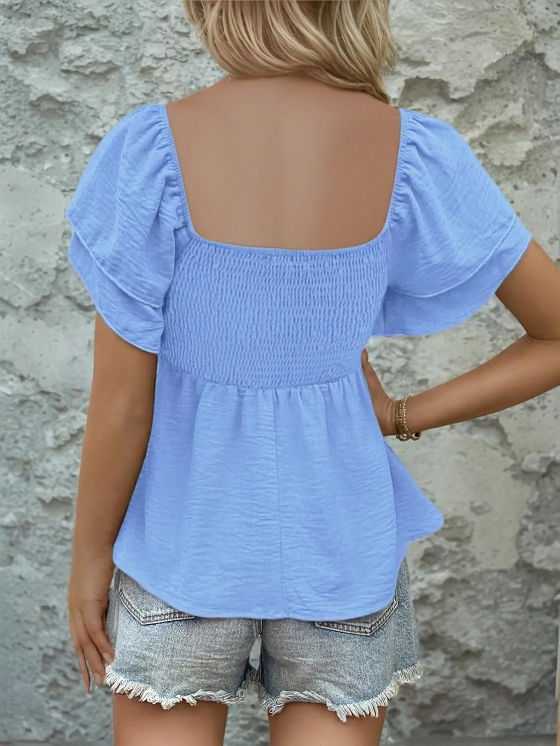 Womens Square Neck Ruffle Short Sleeve Peplum Tops Cute Smocked Babydoll Summer Blouses