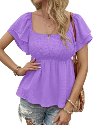 Womens Square Neck Ruffle Short Sleeve Peplum Tops Cute Smocked Babydoll Summer Blouses