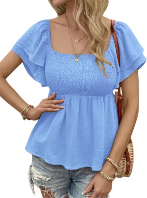 Womens Square Neck Ruffle Short Sleeve Peplum Tops Cute Smocked Babydoll Summer Blouses