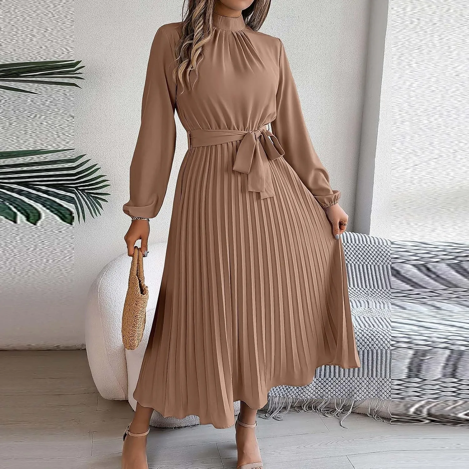 Womens Stylish Ruched Bodycon Mini Dress Pleated Tummy Control Long Sleeve Dresses Solid Tiered Flowy Party Dress
