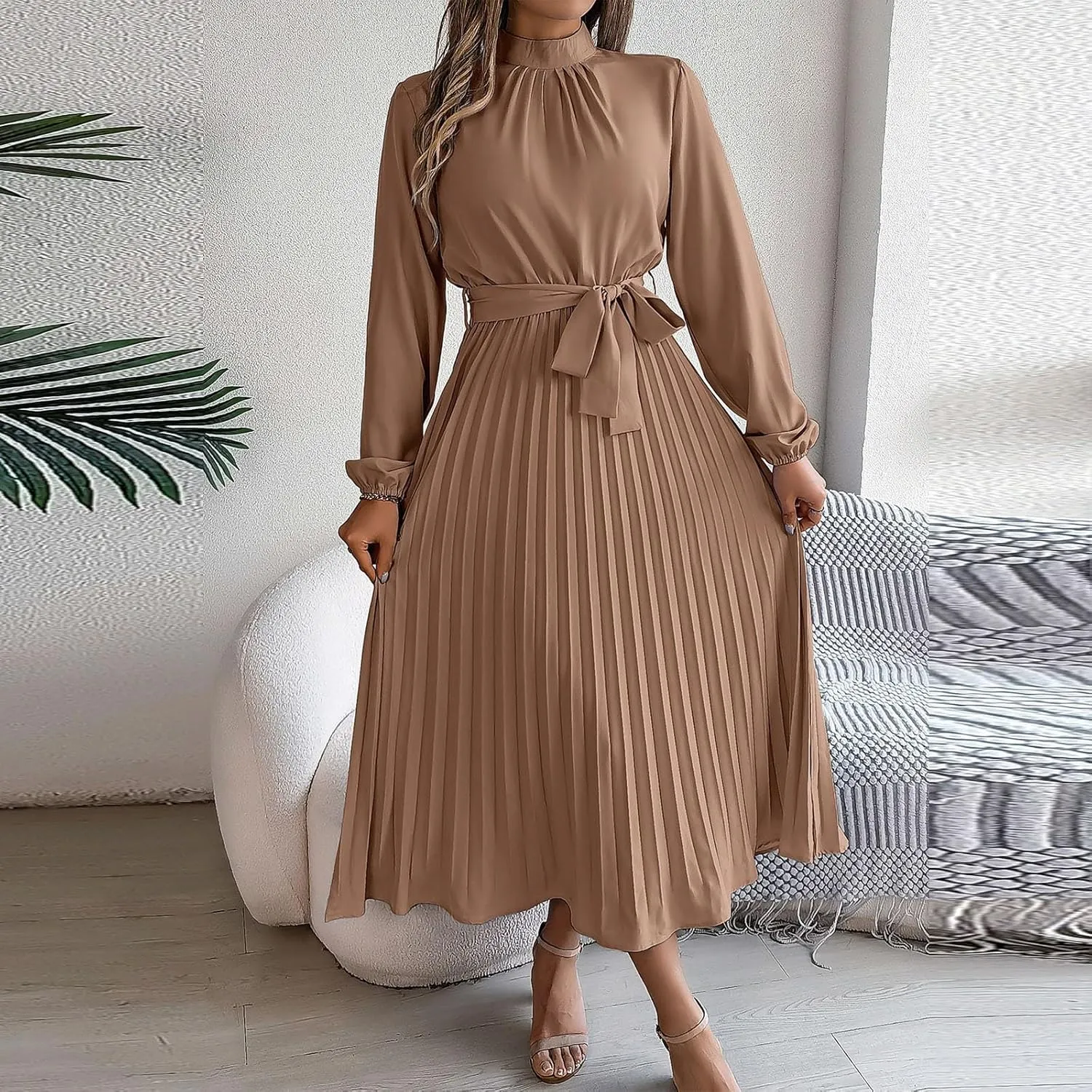 Womens Stylish Ruched Bodycon Mini Dress Pleated Tummy Control Long Sleeve Dresses Solid Tiered Flowy Party Dress