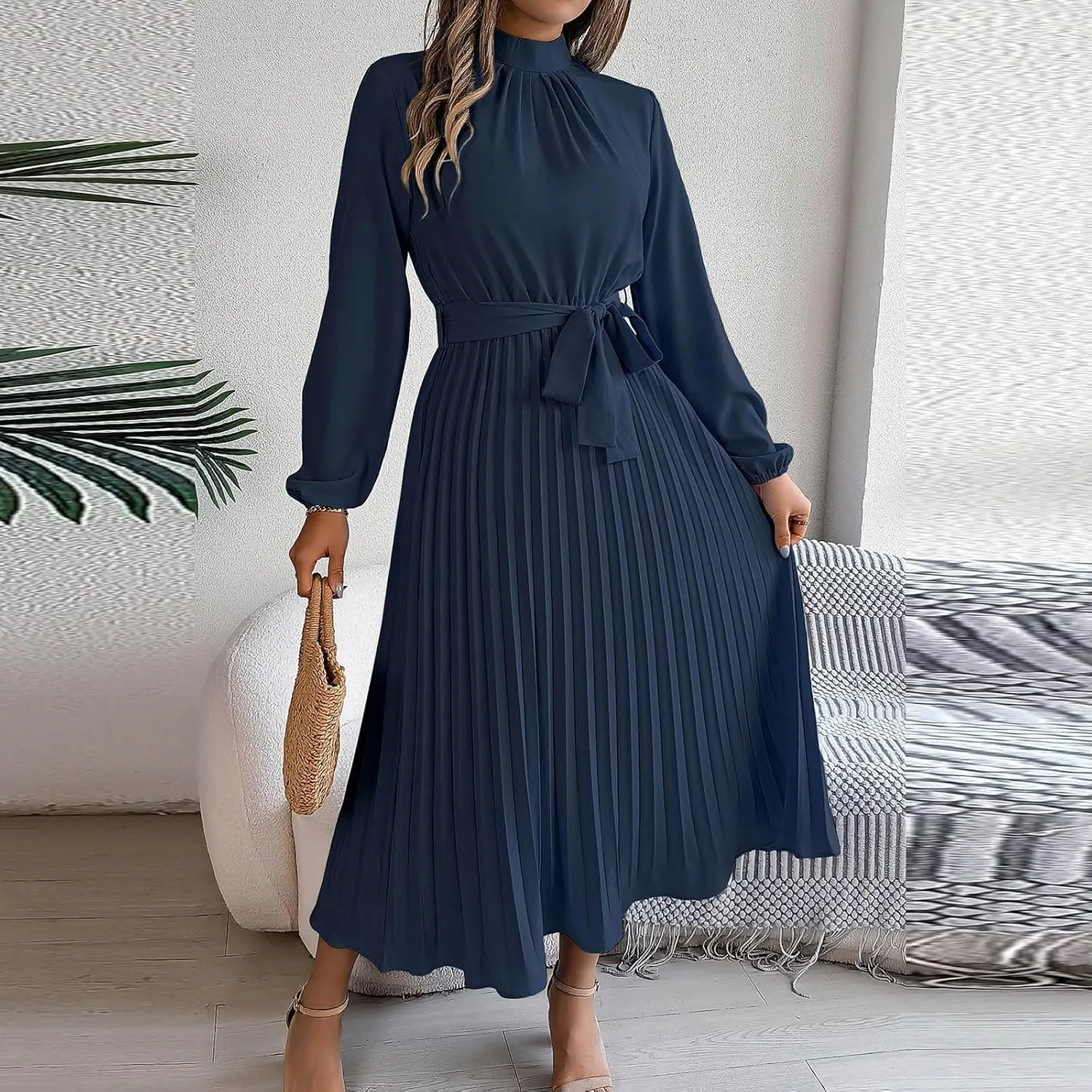 Womens Stylish Ruched Bodycon Mini Dress Pleated Tummy Control Long Sleeve Dresses Solid Tiered Flowy Party Dress