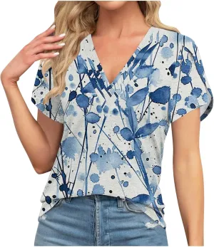 Women's Summer Casual V-Neck Short Sleeved Shirts T-Shirt Floral Printed Tops Basic Tee Tops Loose Tunics Blouse