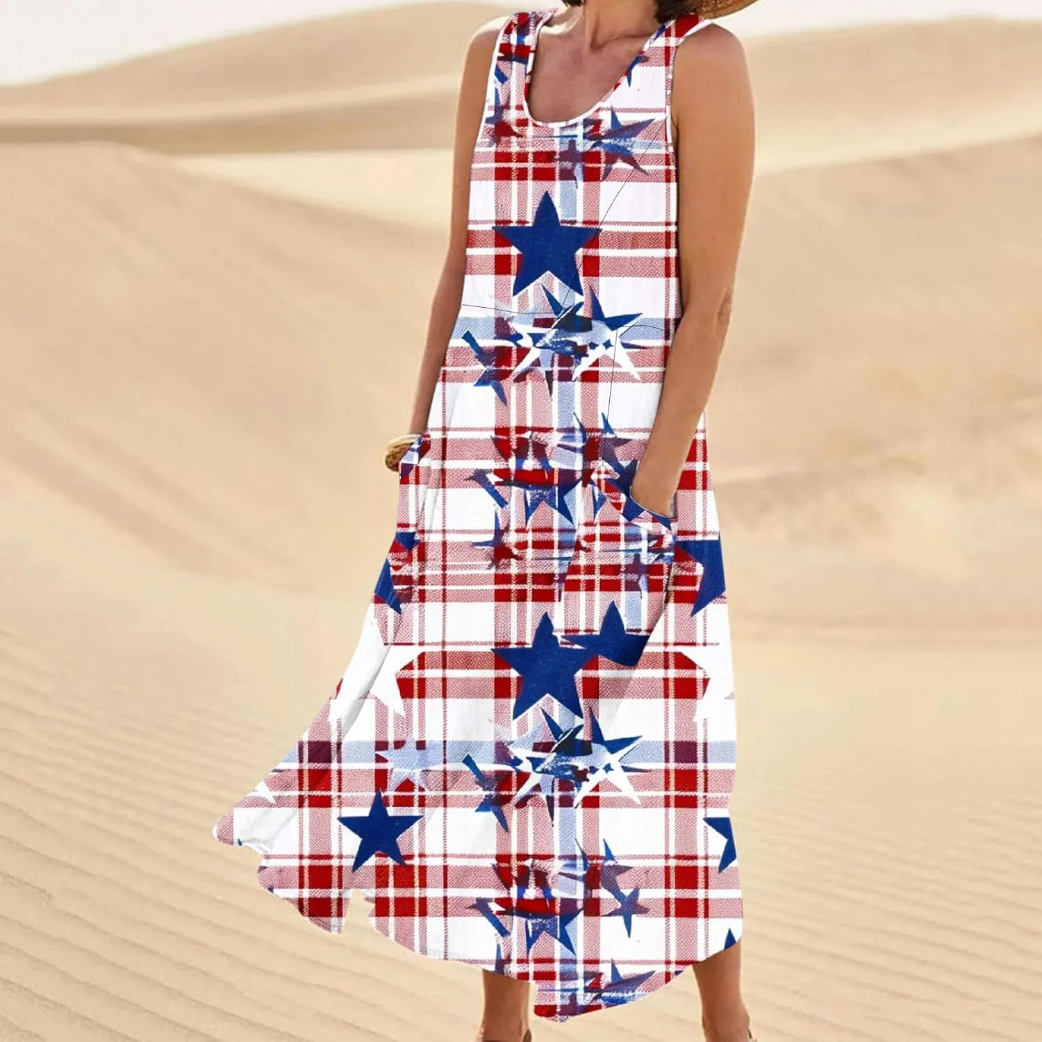 Womens Summer Dress Sleeveless Crewneck Printed Pocket Dress Loose Flowy Long Dress
